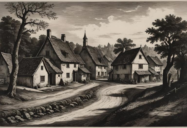 Copperplate Etching,Copperplate Etching, Village, village, no humans, tree, monochrome, scenery, outdoors