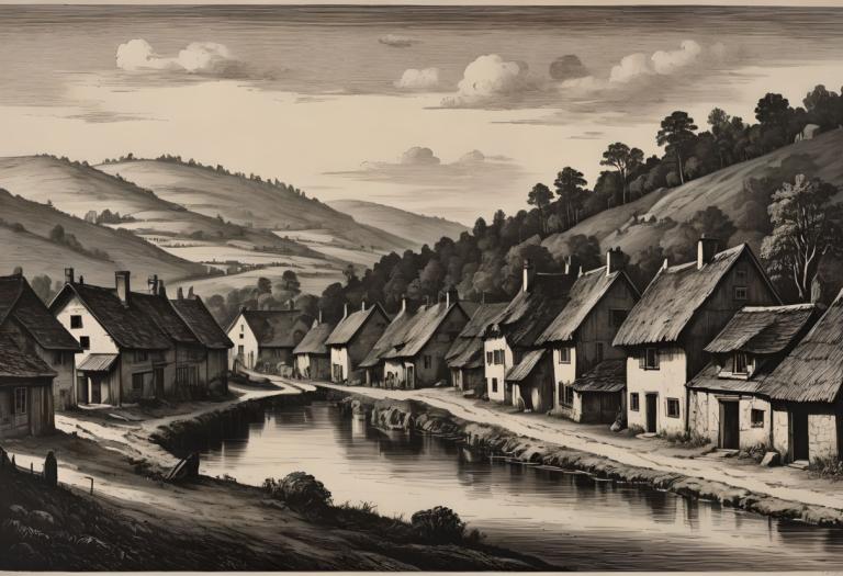 Copperplate Etching,Copperplate Etching, Village, village, no humans, monochrome, scenery, tree, cloud