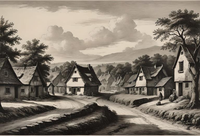 Copperplate Etching,Copperplate Etching, Village, village, tree, monochrome, house, outdoors, scenery, cloud