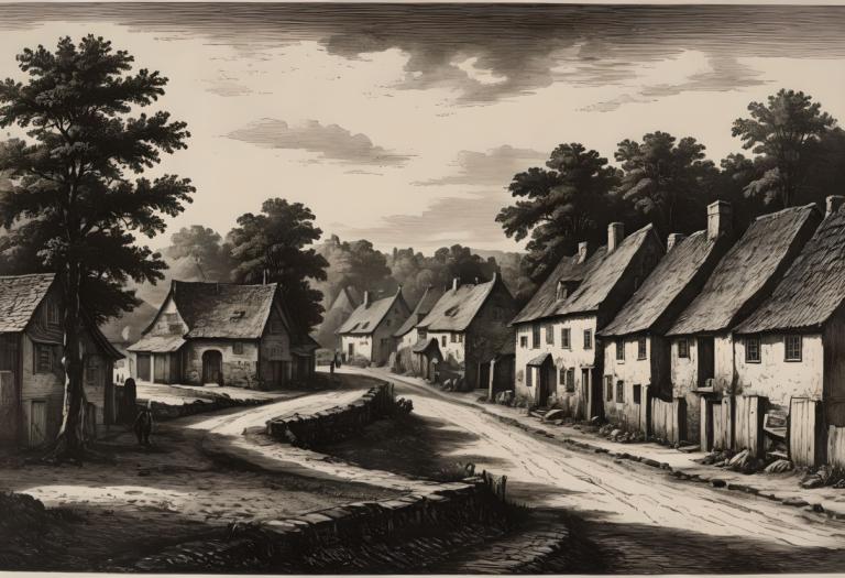 Copperplate Etching,Copperplate Etching, Village, village, tree, monochrome, no humans, scenery, outdoors