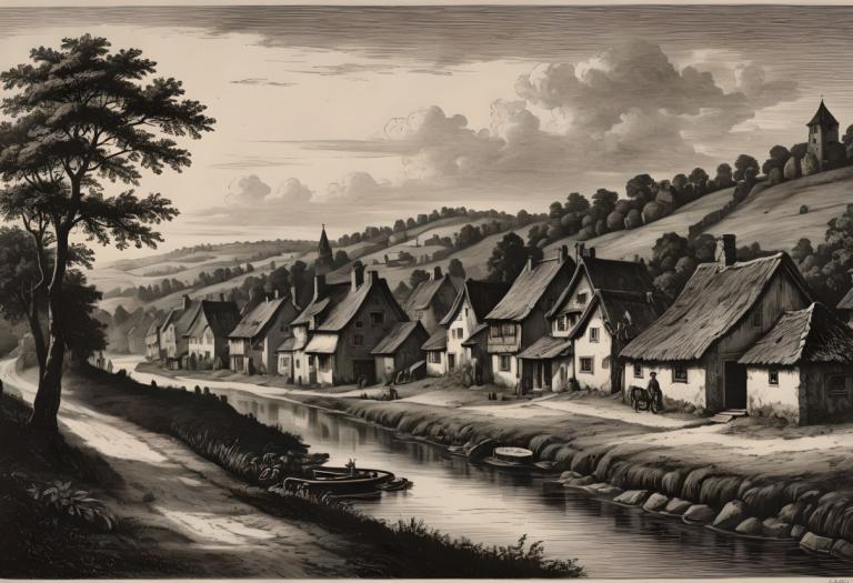 Copperplate Etching,Copperplate Etching, Village, village, monochrome, no humans, tree, scenery, house, cloud