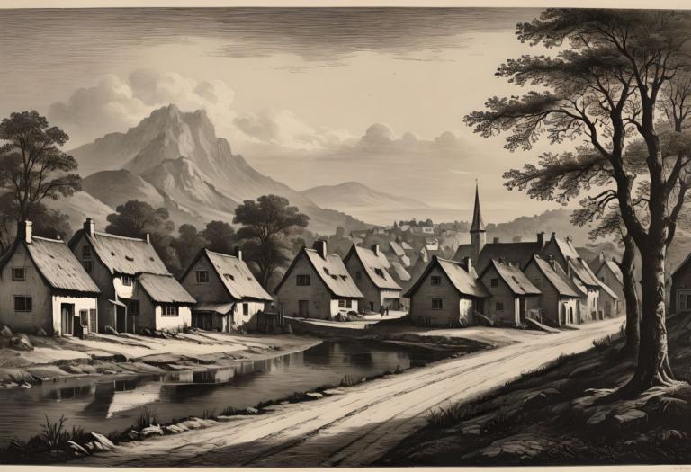 Copperplate Etching,Copperplate Etching, Village, village, no humans, tree, scenery, monochrome, outdoors