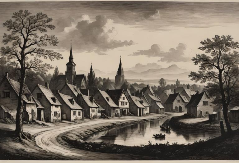 Copperplate Etching,Copperplate Etching, Village, village, tree, no humans, scenery, monochrome, cloud, sky