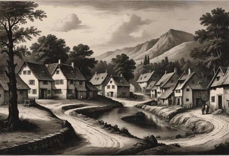 Copperplate Etching,Copperplate Etching, Village, village, tree, monochrome, scenery, no humans, house