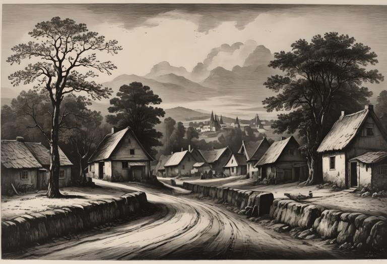 Copperplate Etching,Copperplate Etching, Village, village, no humans, tree, monochrome, scenery, outdoors