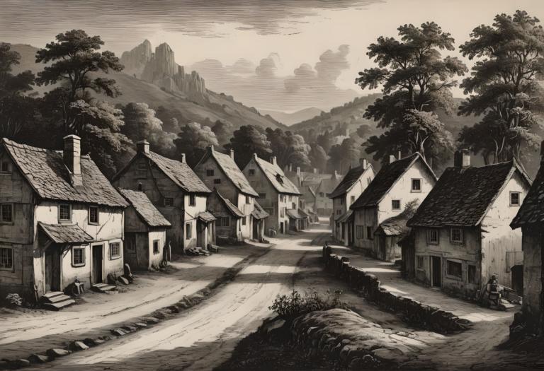 Copperplate Etching,Copperplate Etching, Village, village, no humans, tree, scenery, monochrome, house