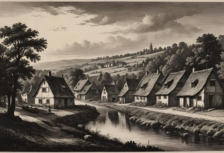 Copperplate Etching,Copperplate Etching, Village, village, monochrome, scenery, tree, outdoors, house, cloud