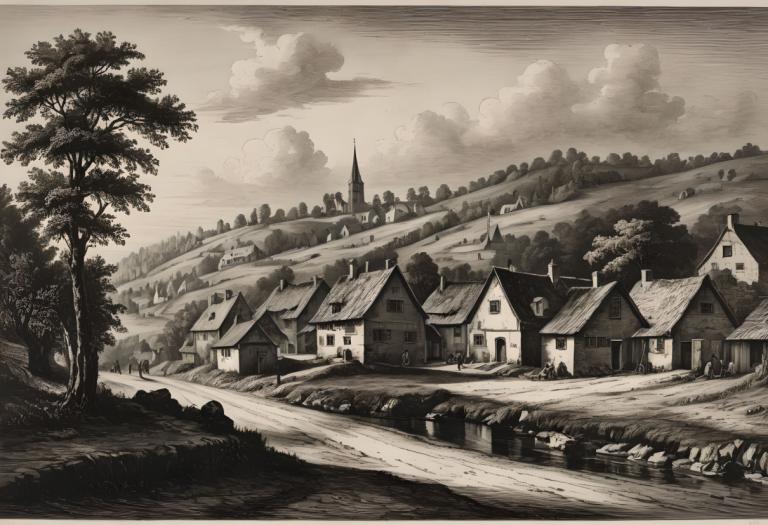 Copperplate Etching,Copperplate Etching, Village, village, no humans, monochrome, tree, scenery, cloud