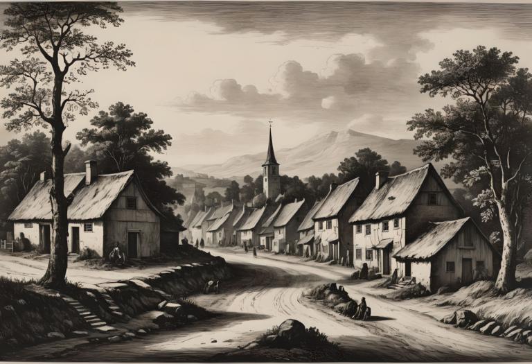 Copperplate Etching,Copperplate Etching, Village, village, tree, monochrome, scenery, no humans, house, cloud