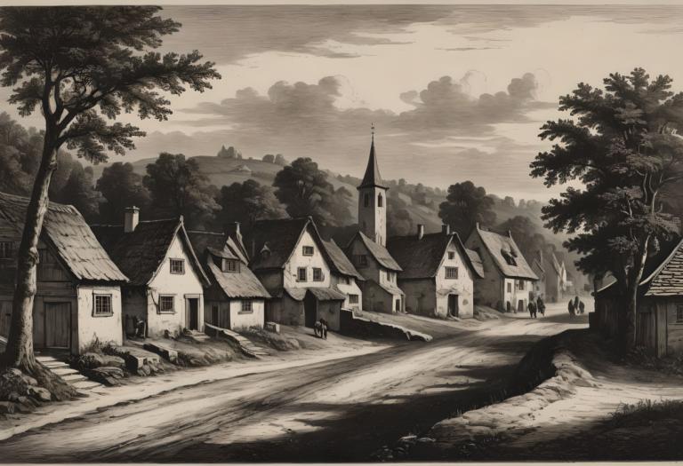 Copperplate Etching,Copperplate Etching, Village, village, no humans, tree, monochrome, scenery, outdoors