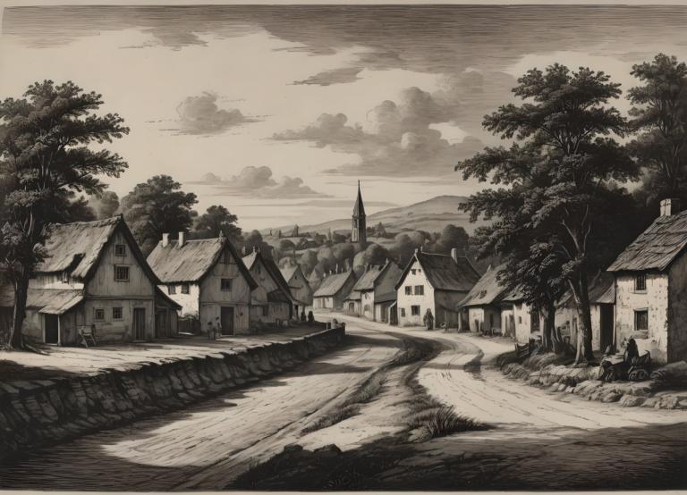 Copperplate Etching,Copperplate Etching, Village, village, tree, monochrome, scenery, no humans, house