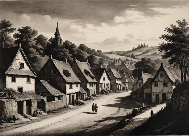 Copperplate Etching,Copperplate Etching, Village, village, tree, monochrome, scenery, outdoors, house, cloud