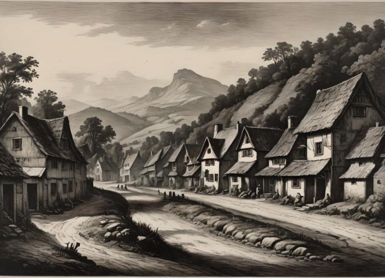 Copperplate Etching,Copperplate Etching, Village, village, no humans, scenery, monochrome, tree, house