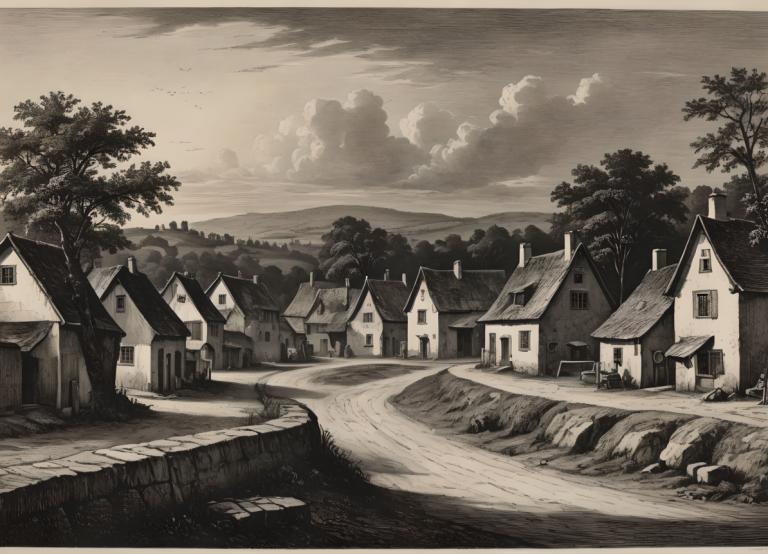 Copperplate Etching,Copperplate Etching, Village, village, no humans, scenery, monochrome, tree, house