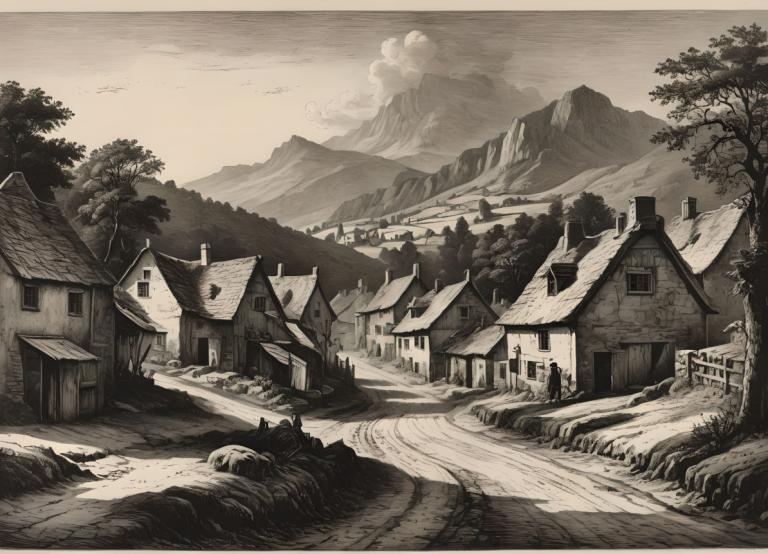 Copperplate Etching,Copperplate Etching, Village, village, scenery, monochrome, tree, no humans, house