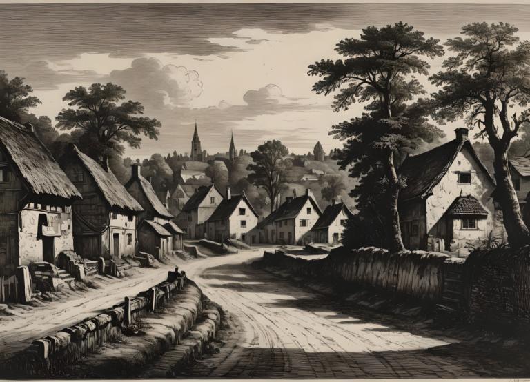 Copperplate Etching,Copperplate Etching, Village, village, tree, monochrome, scenery, no humans, cloud