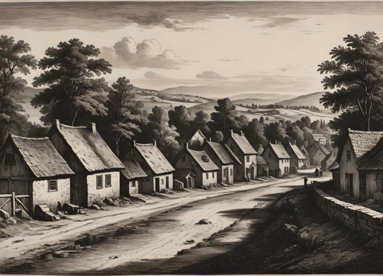 Copperplate Etching,Copperplate Etching, Village, village, no humans, tree, monochrome, scenery, house