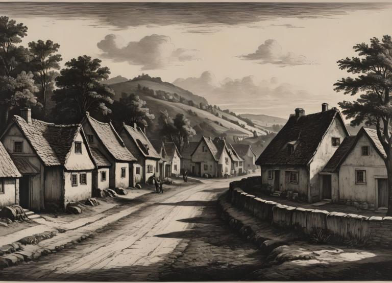 Kupferstich,Kupferstich, Dorf, Dorf, einfarbig, Baum, Landschaft, Haus, keine Menschen, Wolke, draußen