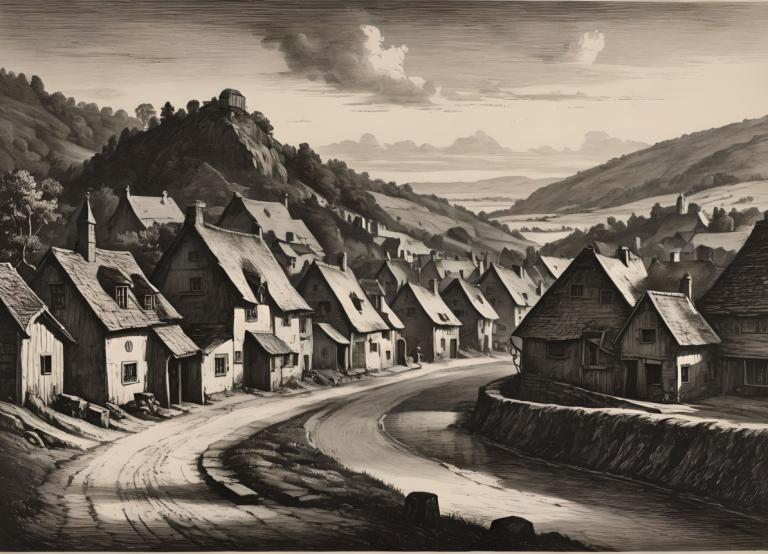 Copperplate Etching,Copperplate Etching, Village, village, no humans, scenery, monochrome, cloud, outdoors