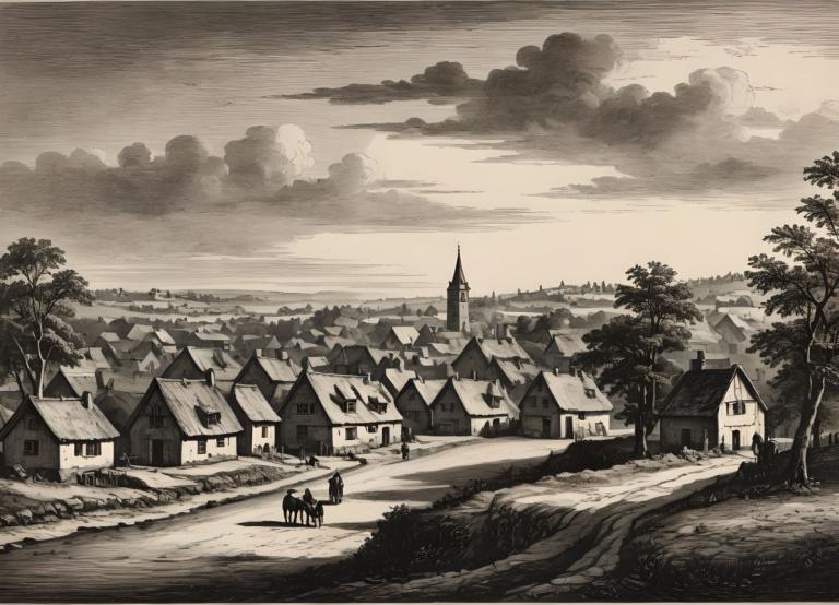 Copperplate Etching,Copperplate Etching, Village, village, no humans, scenery, monochrome, tree, cloud