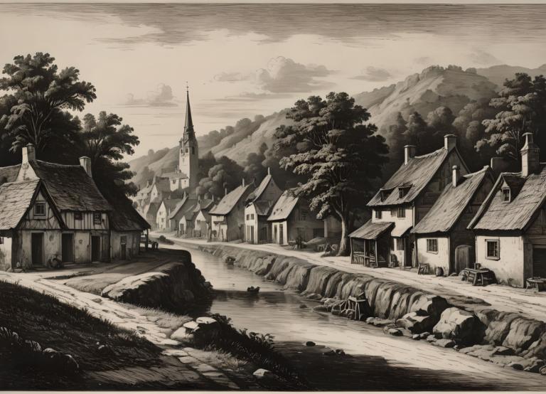 Copperplate Etching,Copperplate Etching, Village, village, monochrome, scenery, tree, no humans, house