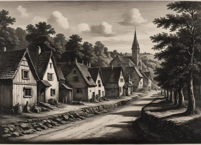 Copperplate Etching,Copperplate Etching, Village, village, no humans, tree, scenery, monochrome, cloud