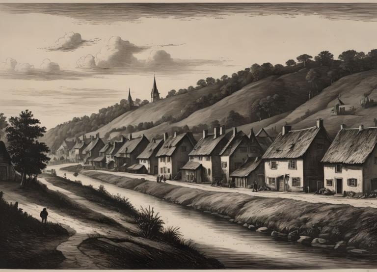 Copperplate Etching,Copperplate Etching, Village, village, monochrome, scenery, house, tree, outdoors, cloud