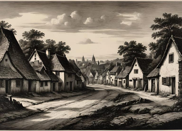 Copperplate Etching,Copperplate Etching, Village, village, no humans, monochrome, scenery, cloud, tree