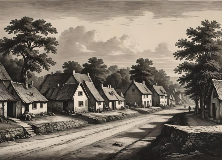 Copperplate Etching,Copperplate Etching, Village, village, no humans, tree, monochrome, house, scenery