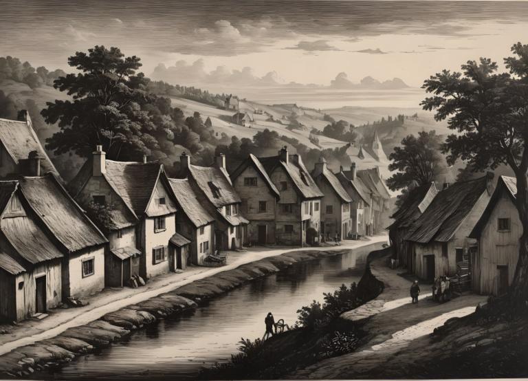 Copperplate Etching,Copperplate Etching, Village, village, monochrome, scenery, tree, house, outdoors, cloud