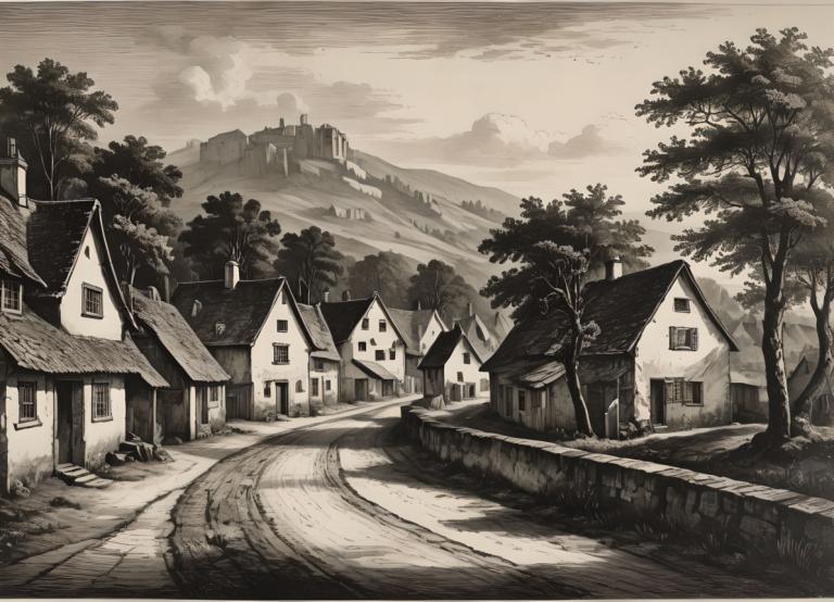 Kupferstich,Kupferstich, Dorf, Dorf, Baum, keine Menschen, einfarbig, Landschaft, draußen, Wolke, Haus