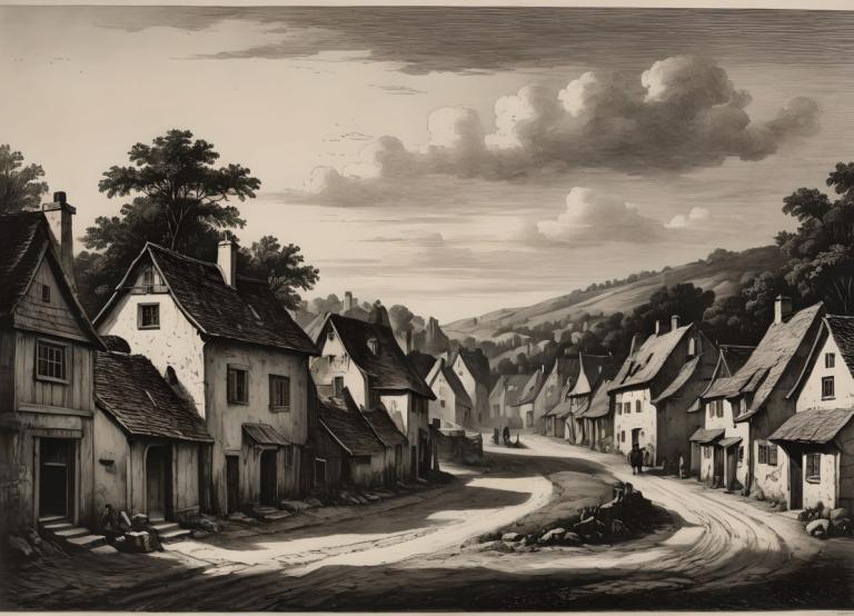 Copperplate Etching,Copperplate Etching, Village, village, no humans, monochrome, scenery, tree, cloud, house