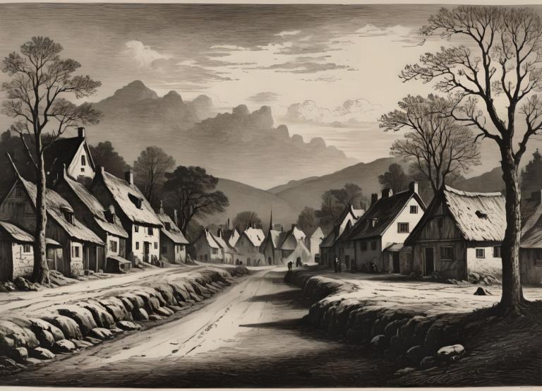 Copperplate Etching,Copperplate Etching, Village, village, tree, no humans, monochrome, scenery, outdoors