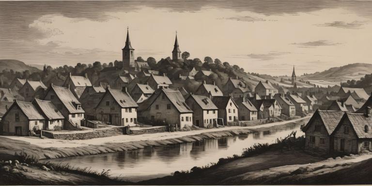 Copperplate Etching,Copperplate Etching, Village, village, no humans, scenery, monochrome, outdoors, cloud