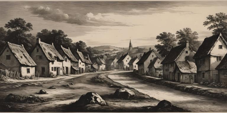 Copperplate Etching,Copperplate Etching, Village, village, no humans, monochrome, scenery, tree, outdoors