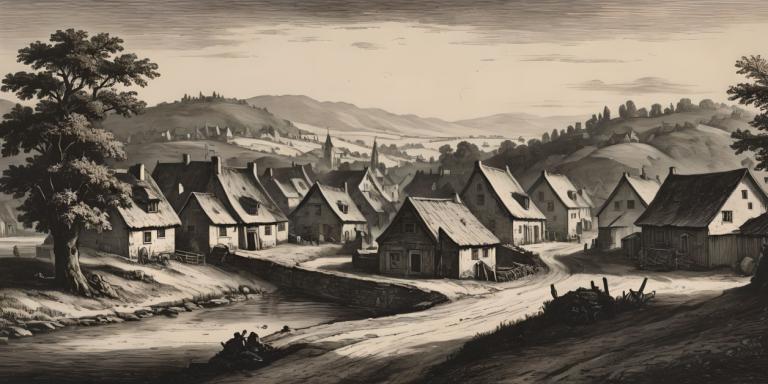 Copperplate Etching,Copperplate Etching, Village, village, no humans, monochrome, house, scenery, tree