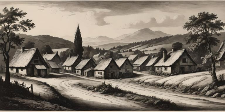 Copperplate Etching,Copperplate Etching, Village, village, monochrome, tree, no humans, scenery, house, cat