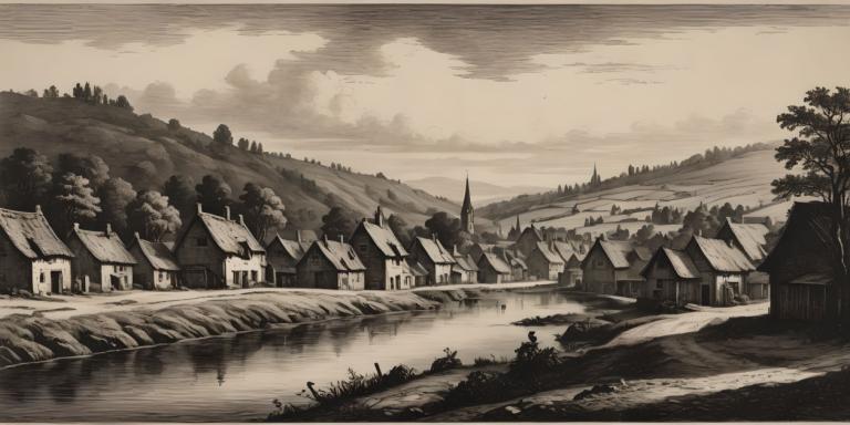 Copperplate Etching,Copperplate Etching, Village, village, no humans, monochrome, scenery, tree, house