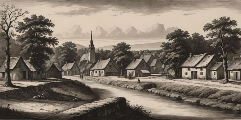 Copperplate Etching,Copperplate Etching, Village, village, no humans, monochrome, tree, scenery, outdoors