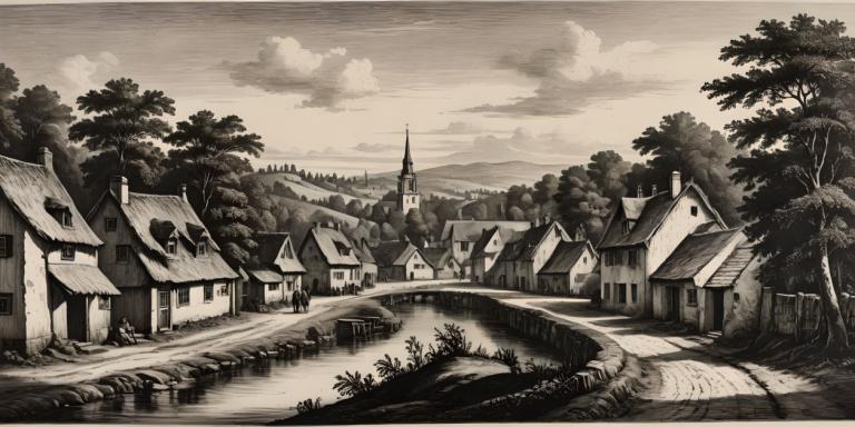 Copperplate Etching,Copperplate Etching, Village, village, no humans, monochrome, scenery, tree, outdoors