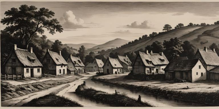 Copperplate Etching,Copperplate Etching, Village, village, no humans, monochrome, house, tree, scenery