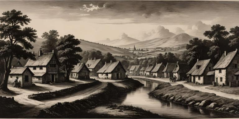 Copperplate Etching,Copperplate Etching, Village, village, monochrome, no humans, tree, scenery, outdoors