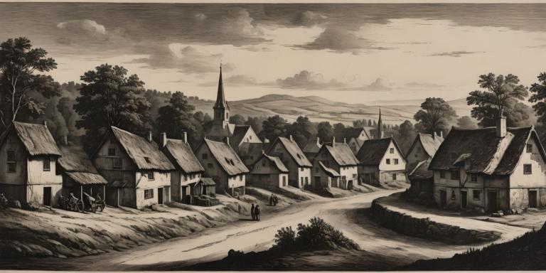 Copperplate Etching,Copperplate Etching, Village, village, monochrome, scenery, tree, outdoors, cloud, house