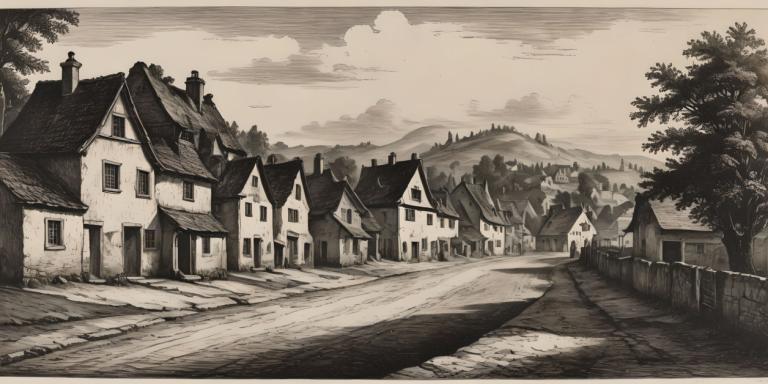 Copperplate Etching,Copperplate Etching, Village, village, monochrome, tree, scenery, no humans, outdoors