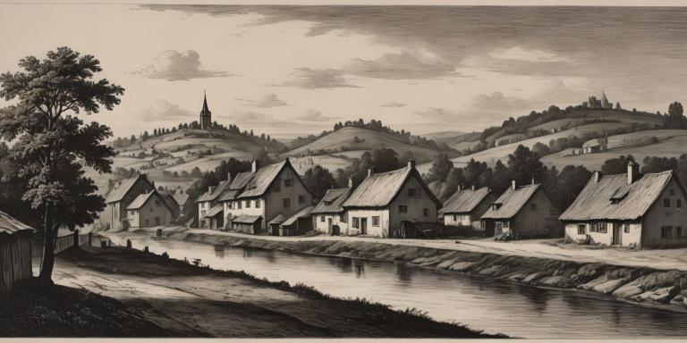 Copperplate Etching,Copperplate Etching, Village, village, no humans, monochrome, scenery, tree, outdoors