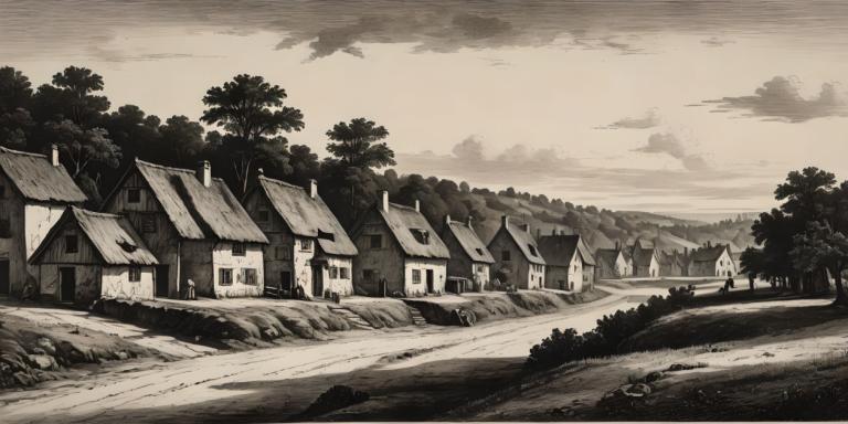 Copperplate Etching,Copperplate Etching, Village, village, monochrome, tree, scenery, no humans, outdoors