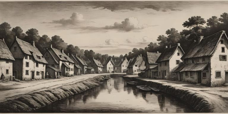 Copperplate Etching,Copperplate Etching, Village, village, no humans, monochrome, scenery, tree, house, cloud