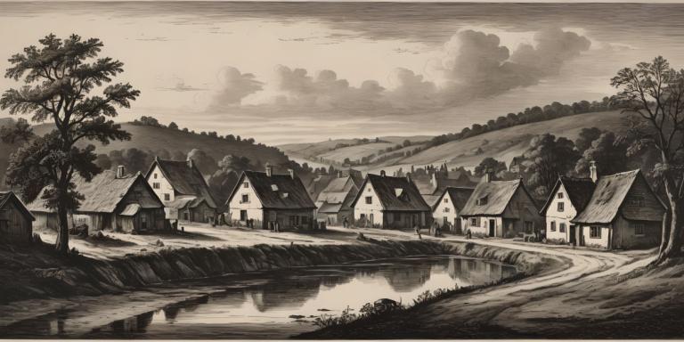 Copperplate Etching,Copperplate Etching, Village, village, no humans, tree, monochrome, scenery, house