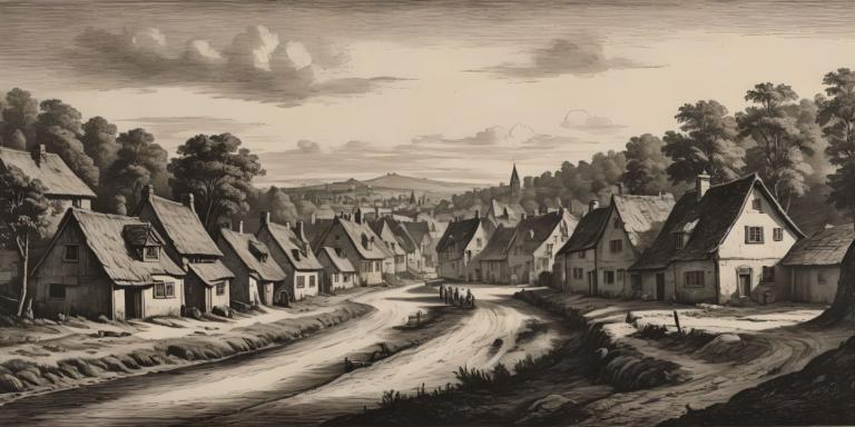 Copperplate Etching,Copperplate Etching, Village, village, no humans, tree, monochrome, scenery, outdoors