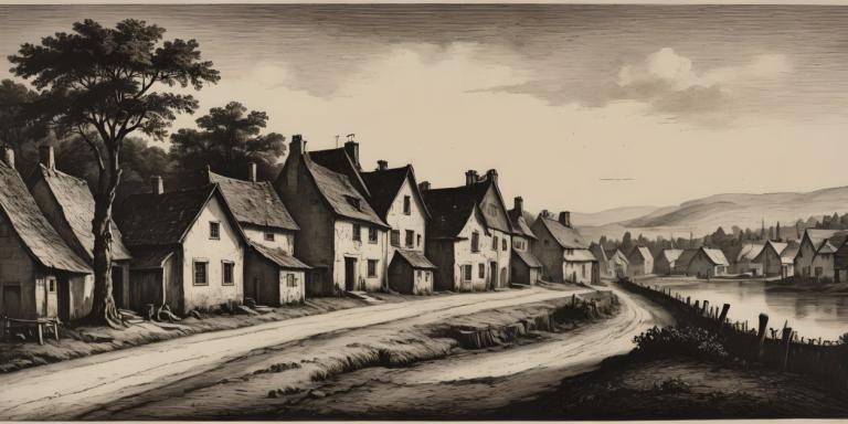 Copperplate Etching,Copperplate Etching, Village, village, tree, monochrome, scenery, house, outdoors